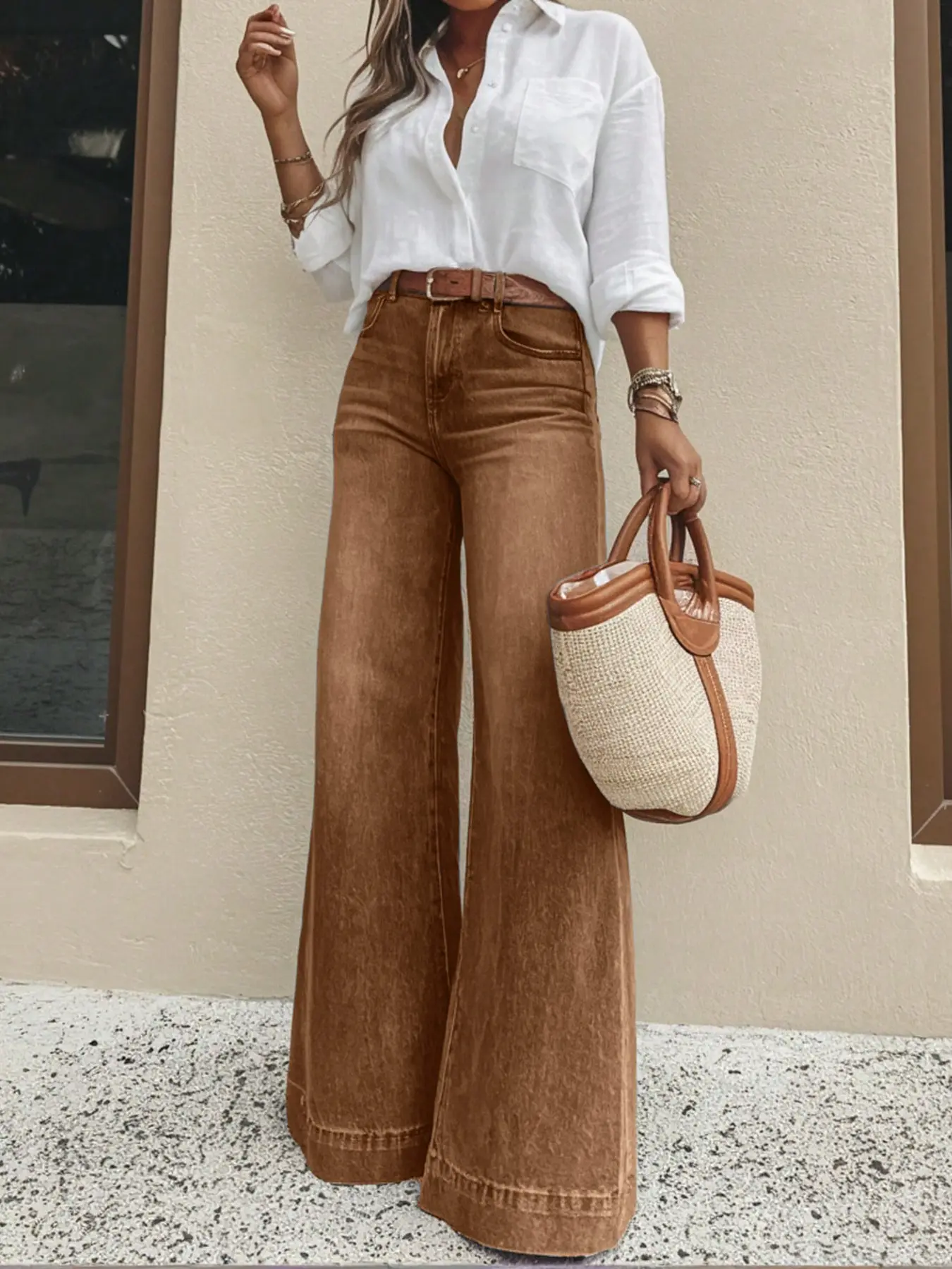 Women's Loose Fit Baggy Straight Leg Denim Jeans with Pockets - Casual All-Season Pants