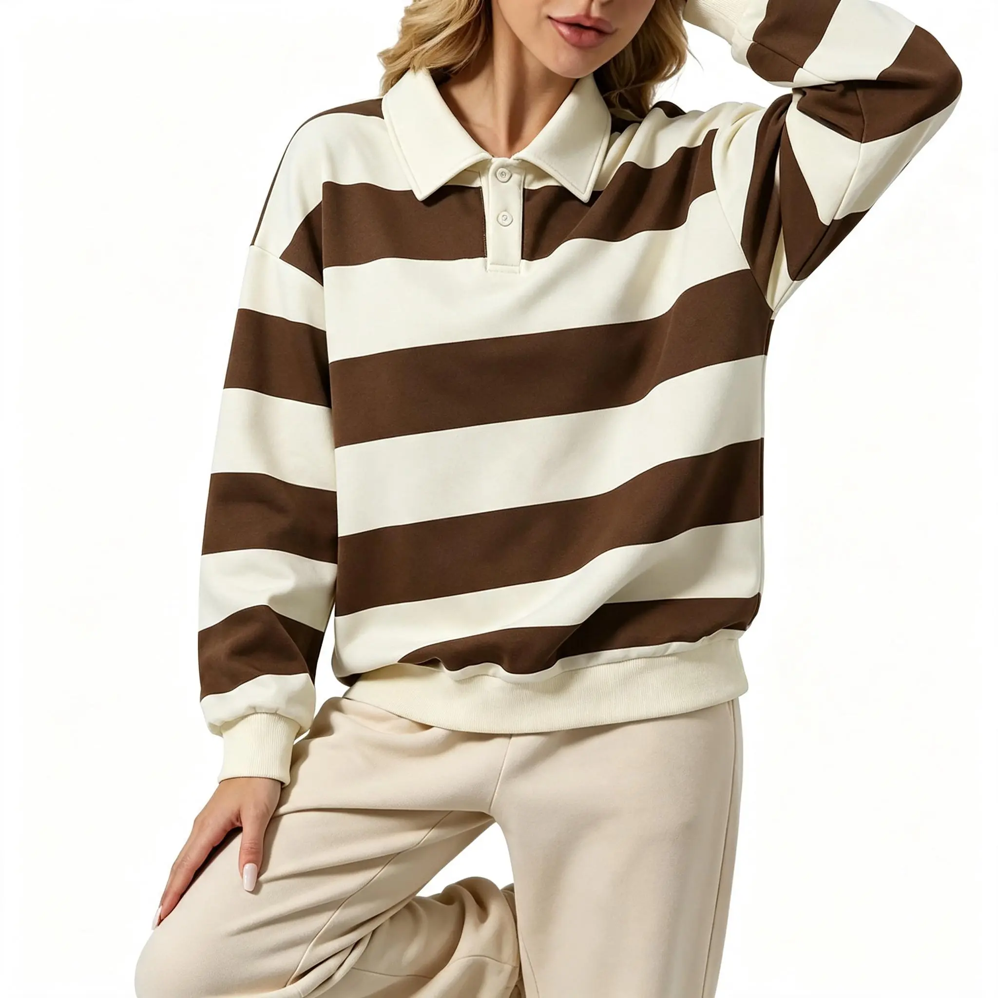 Women’s Fall New Arrival Striped Polo Sweatshirt