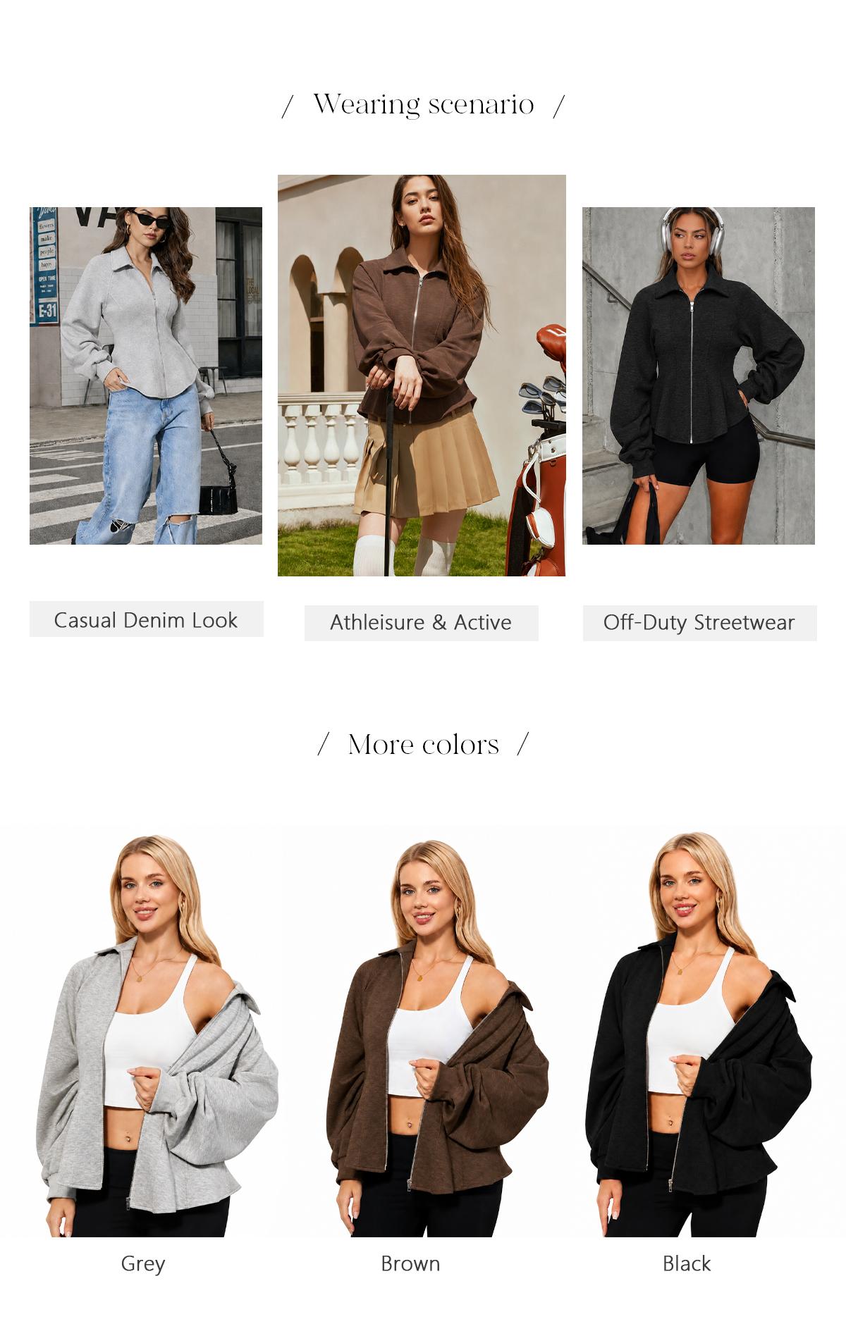 Chicovar Women's Zip Up Jacket, Ruched Sleeve, Side Pockets, Peplum Hem, Stretchy Slim Fit Cardigan Perfect for Casual Wear, Athleisure  Outerwear,sohochic Casual Fashionable Outerwear Casual Outerwears