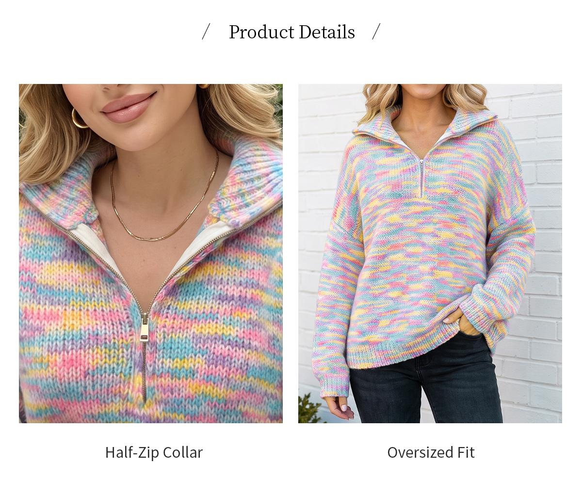Chicovar Women's Quarter Zip Sweater, Colorful Rainbow Striped, Wool Blend, Oversized Knit Pullover with Stand Collar, Drop Shoulder Long Sleeve Cozy Sweater for Early Fall, Casual Wear, Coffee Runs, Weekend Outfits