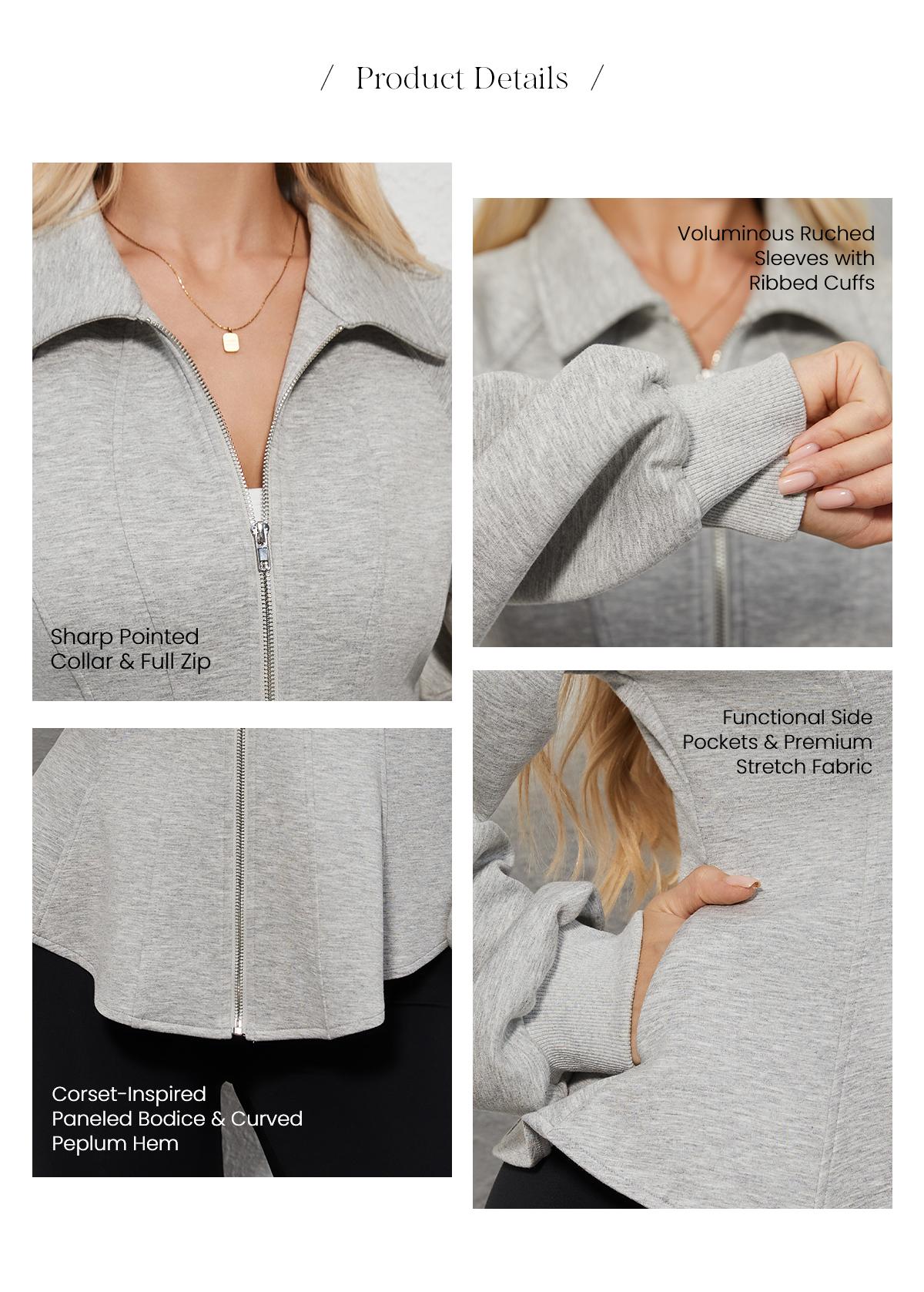 Chicovar Women's Zip Up Jacket, Ruched Sleeve, Side Pockets, Peplum Hem, Stretchy Slim Fit Cardigan Perfect for Casual Wear, Athleisure  Outerwear,sohochic Casual Fashionable Outerwear Casual Outerwears