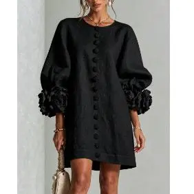Plus Size Tall Women's Elegant Floral Cuff Linen Dress with Puff Sleeves