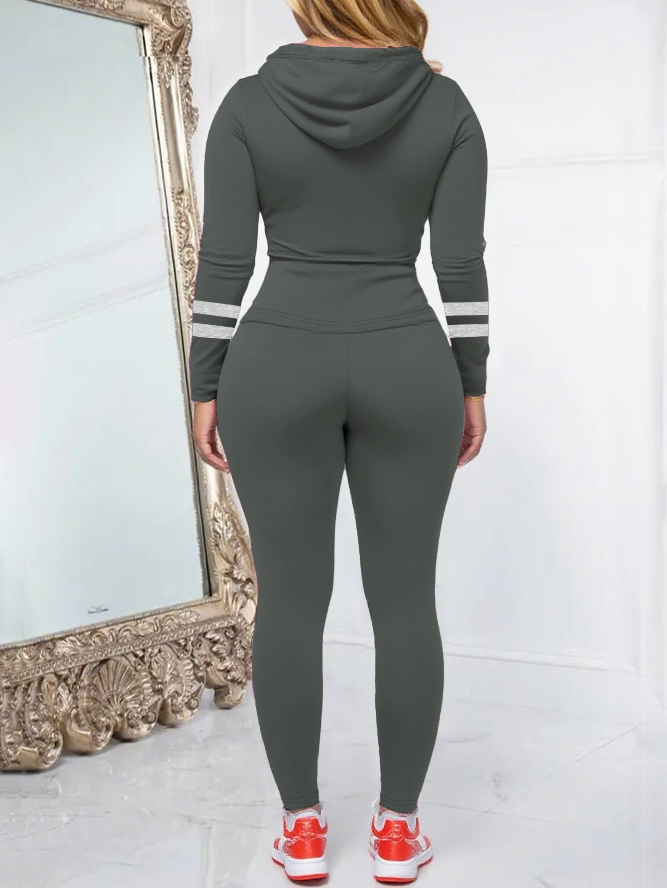 Women's 2026 Autumn/Winter Spliced 2-Piece Casual Hooded Jacket & Full-Length Pants Set, Fitted Cut Polyester Blend, Machine Washable, for Yoga Sports Casual Wear