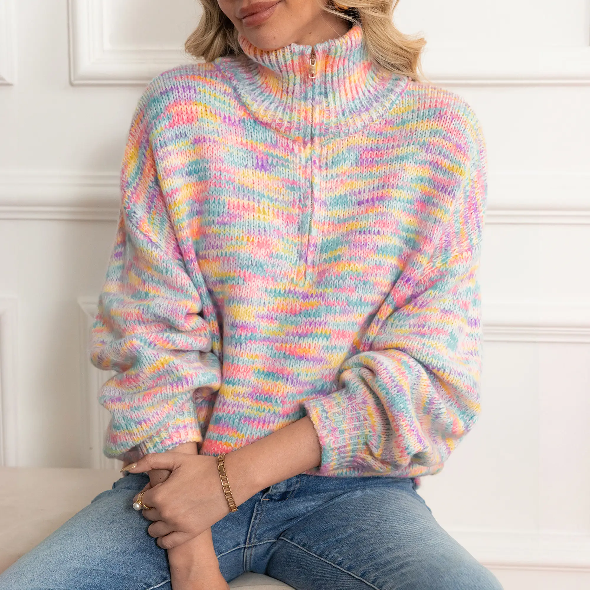 Women's Colorful Rainbow Striped Wool Blend Quarter Zip Sweater