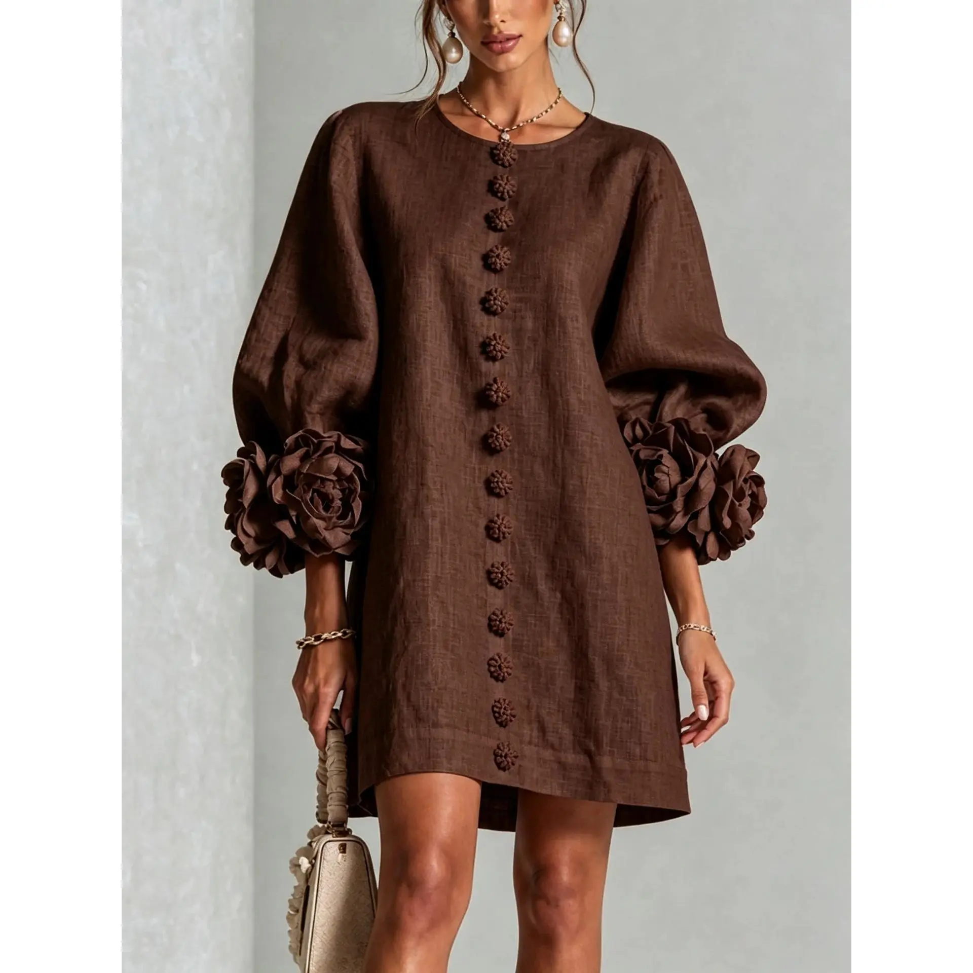 Plus Size Tall Women's Elegant Floral Cuff Linen Dress with Puff Sleeves
