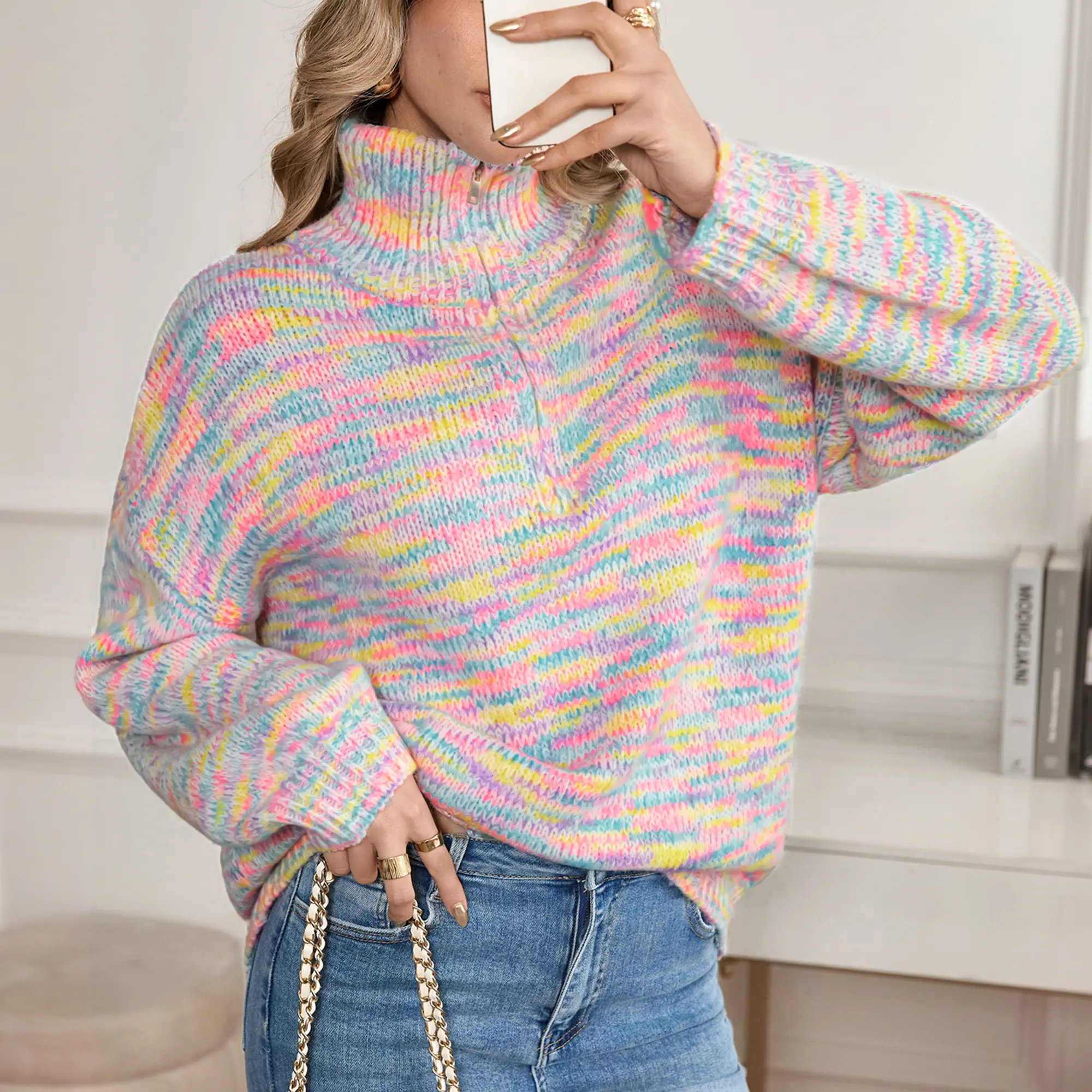 Women's Colorful Rainbow Striped Wool Blend Quarter Zip Sweater