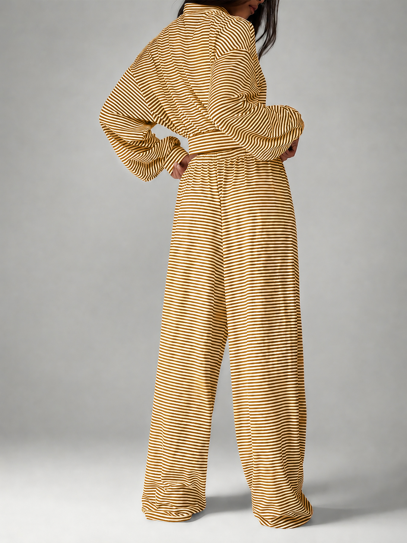 Women’s Autumn Two-Piece Set – Striped Zip-Up Stand-Collar Cardigan & Wide-Leg Trousers