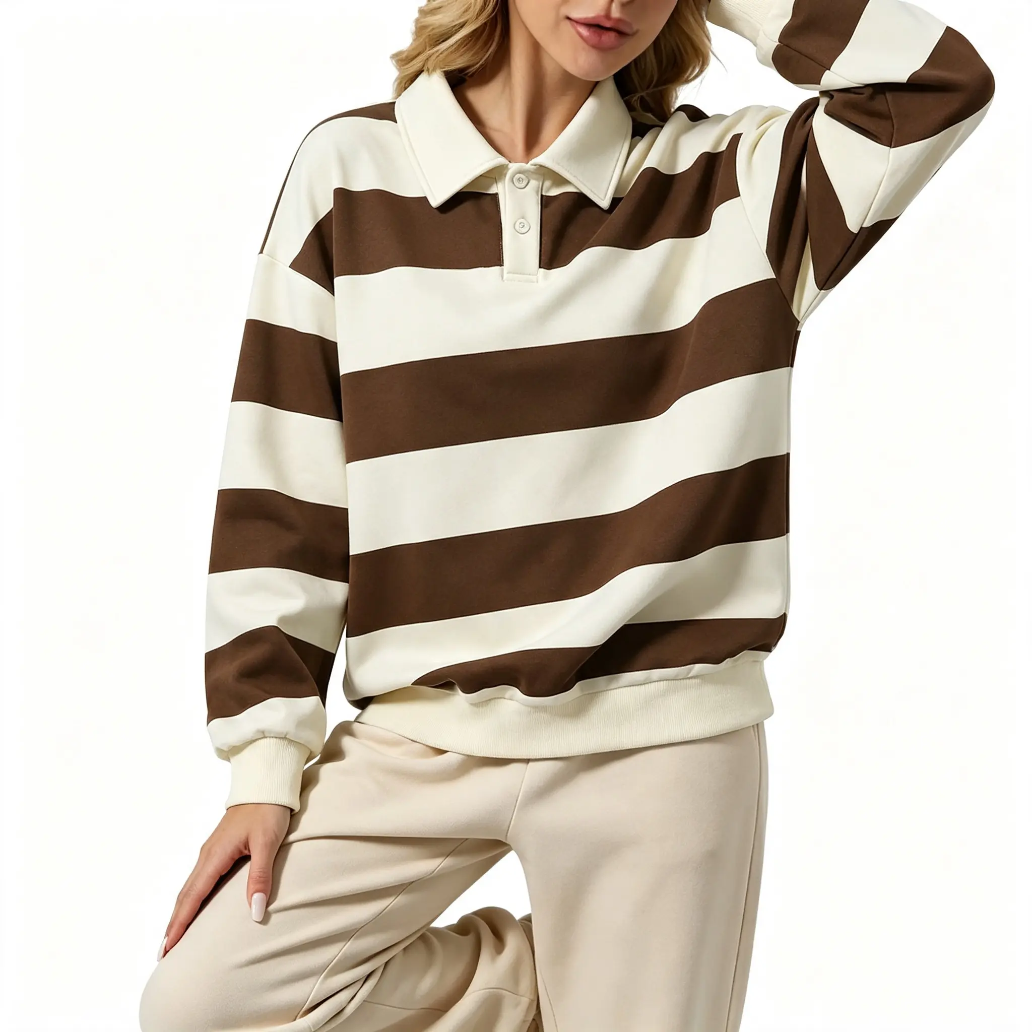 Women’s Fall New Arrival Striped Polo Sweatshirt