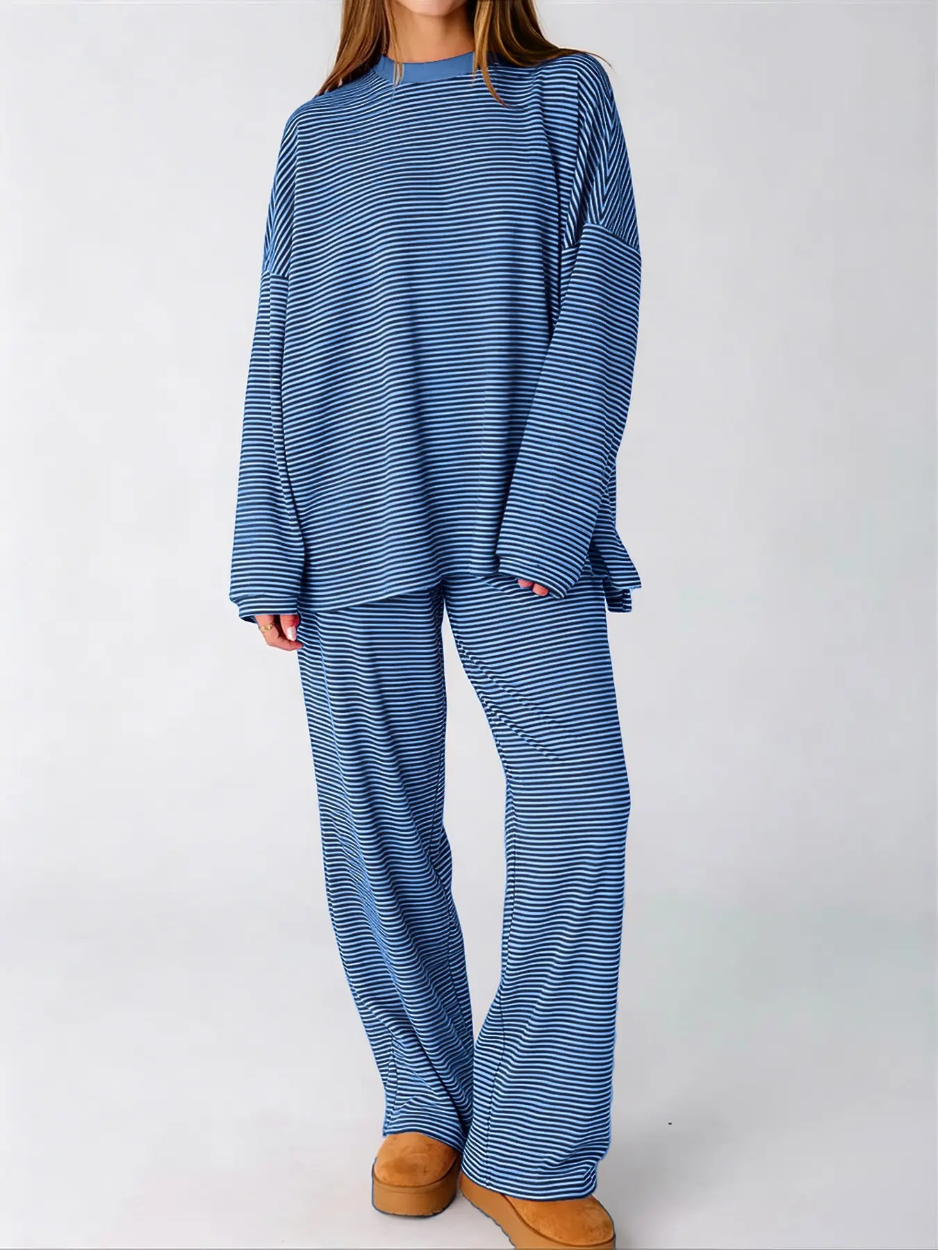 Women's Striped Lounge Set Oversized Crew Neck Top & Pants