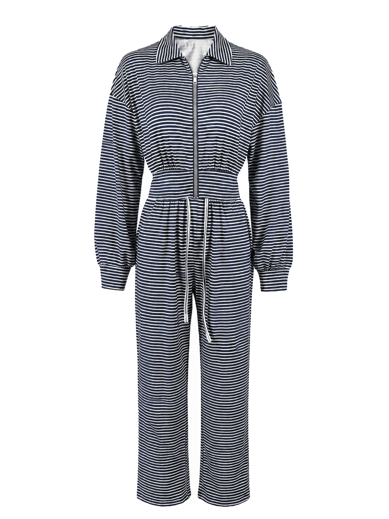Women’s Autumn Two-Piece Set – Striped Zip-Up Stand-Collar Cardigan & Wide-Leg Trousers