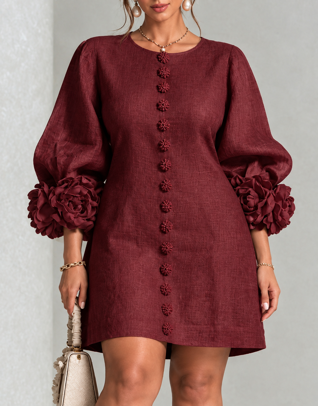 Plus Size Tall Women's Elegant Floral Cuff Linen Dress with Puff Sleeves