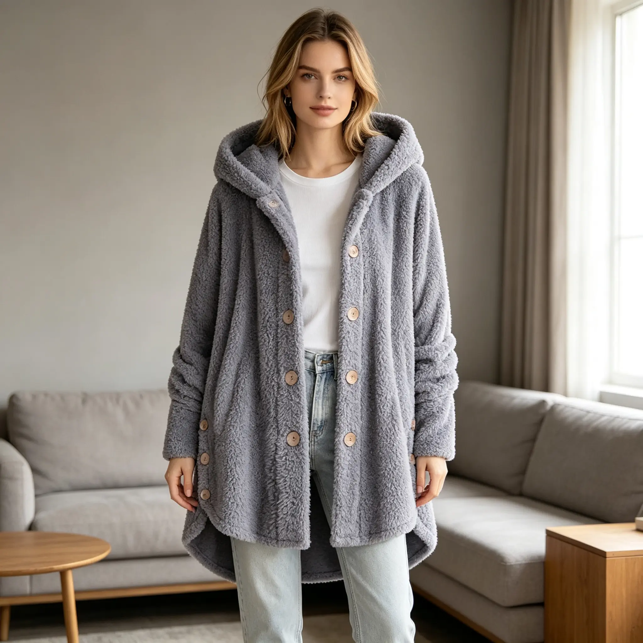 Women's 2026 Winter European-American Plush Round Neck Coats - Thick, Warm, Breathable, Irregular Solid Color Button Sports Outerwear, Female Casual Athletic Outdoor Wear Top