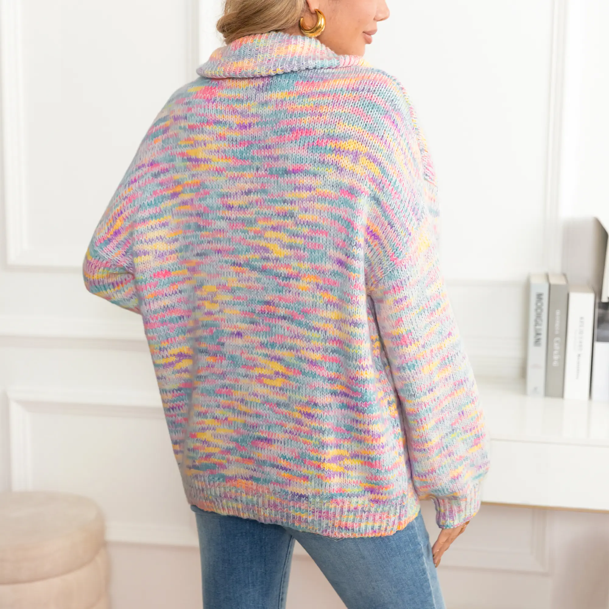 Women's Colorful Rainbow Striped Wool Blend Quarter Zip Sweater