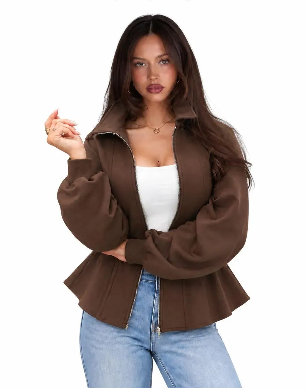 Chicovar Women's Zip Up Jacket, Ruched Sleeve, Side Pockets, Peplum Hem, Stretchy Slim Fit Cardigan Perfect for Casual Wear, Athleisure  Outerwear,sohochic Casual Fashionable Outerwear Casual Outerwears