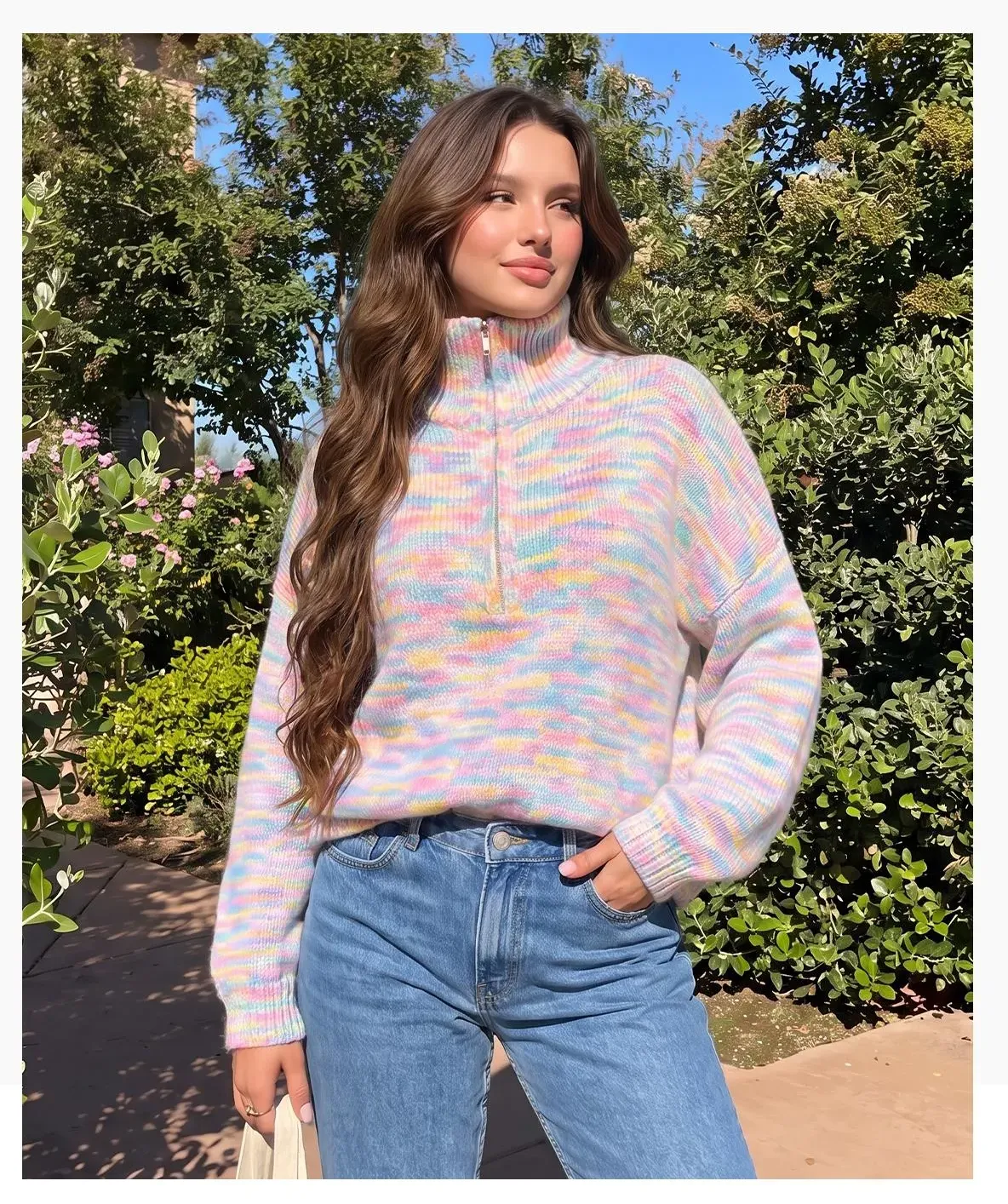 Chicovar Women's Quarter Zip Sweater, Colorful Rainbow Striped, Wool Blend, Oversized Knit Pullover with Stand Collar, Drop Shoulder Long Sleeve Cozy Sweater for Early Fall, Casual Wear, Coffee Runs, Weekend Outfits