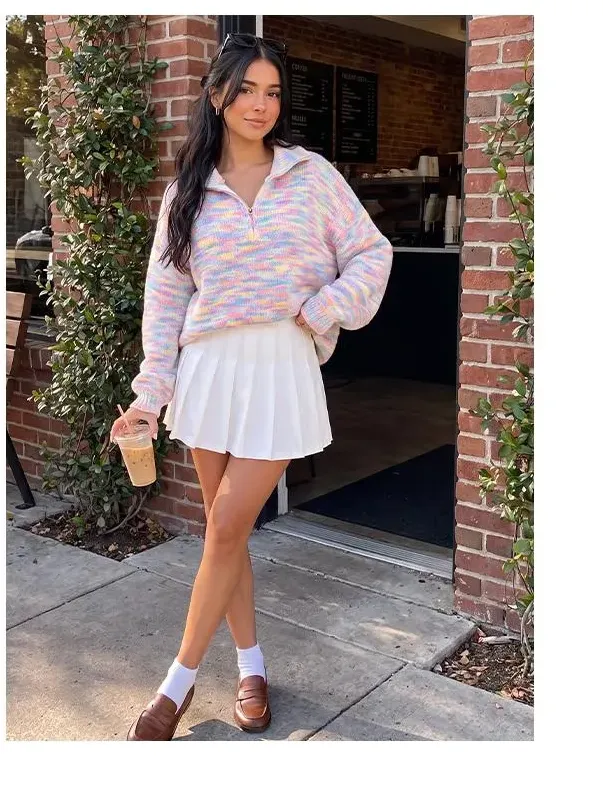 Chicovar Women's Quarter Zip Sweater, Colorful Rainbow Striped, Wool Blend, Oversized Knit Pullover with Stand Collar, Drop Shoulder Long Sleeve Cozy Sweater for Early Fall, Casual Wear, Coffee Runs, Weekend Outfits