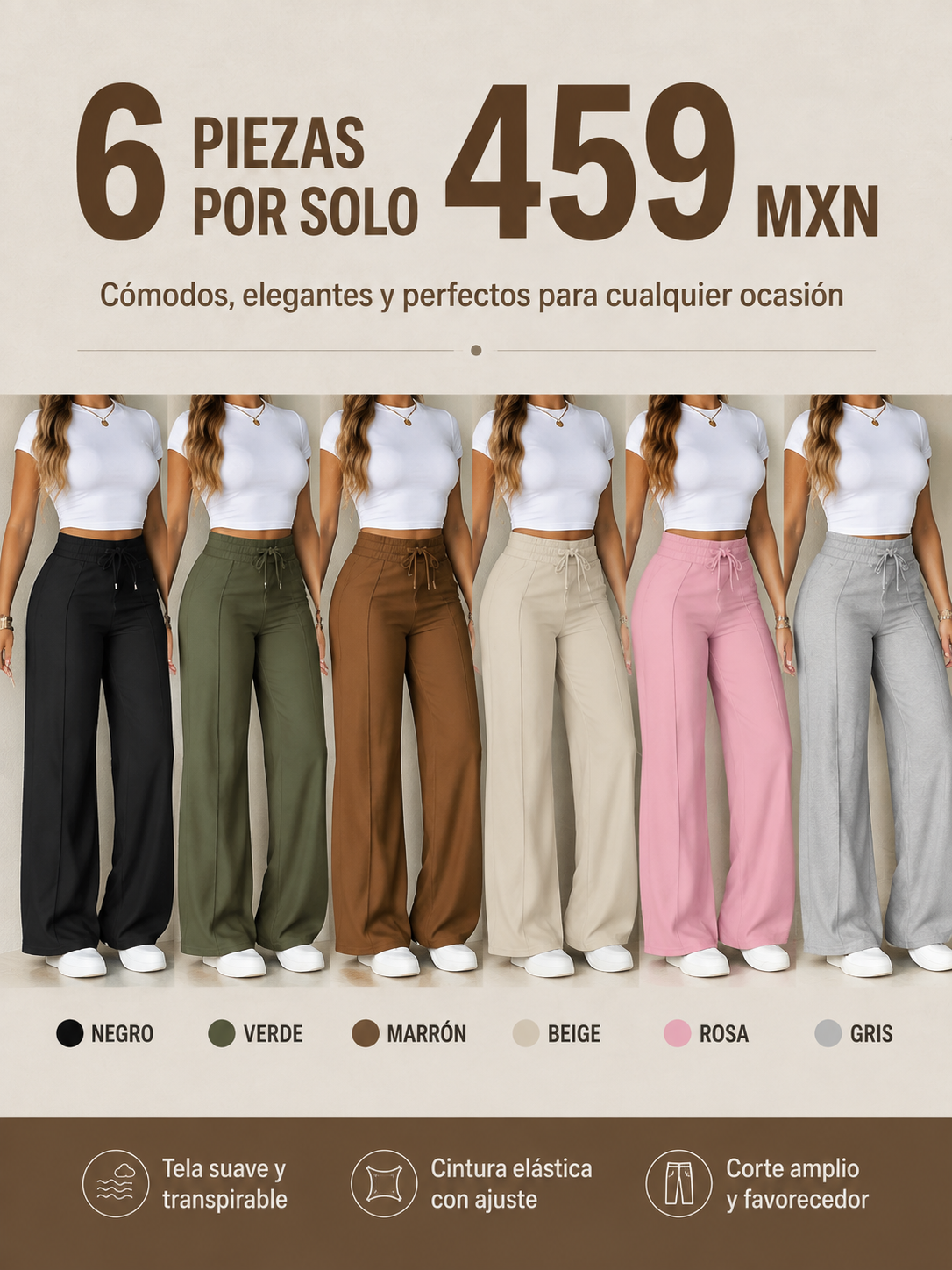 Pantalones de mujer de pierna ancha, cintura alta elástica, corte recto, para todas las estaciones, holgados, ideales para oficina y citas