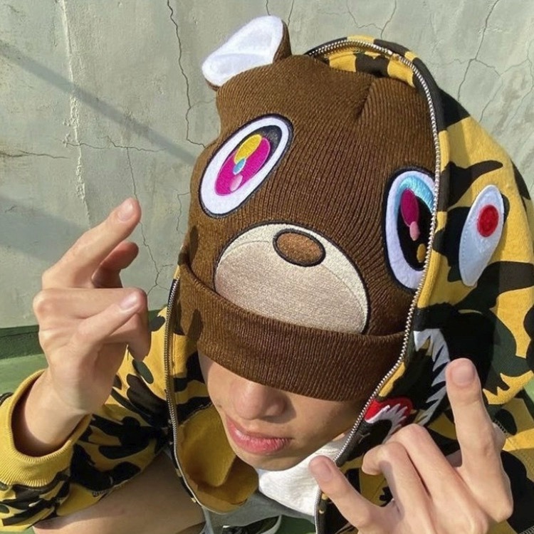 Graduation Kanye Bear Brown Beanie One Size with Ears, Brown, One Size