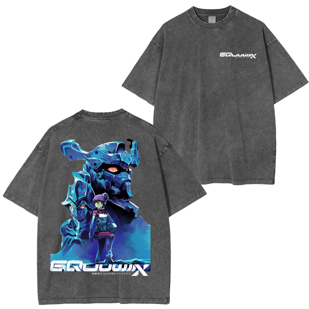MS GUNDAM GQUUUUUUX Anime Double Printed Lightweight Acid Washed T-Shirt