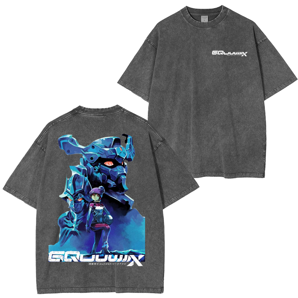 MS GUNDAM GQUUUUUUX Anime Double Printed Lightweight Acid Washed T-Shirt
