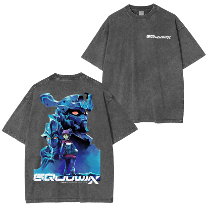 MS GUNDAM GQUUUUUUX Anime Double Printed Lightweight Acid Washed T-Shirt