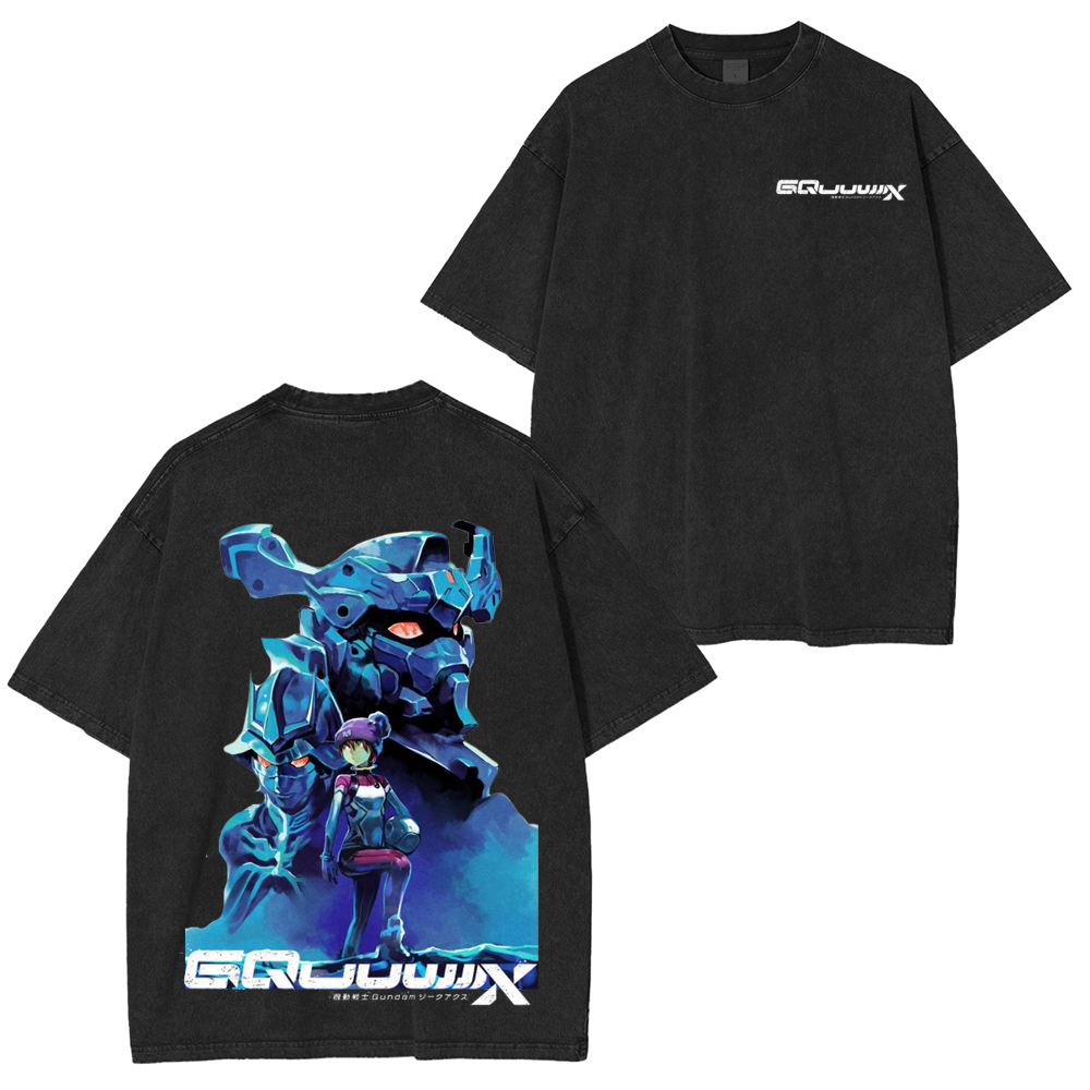 MS GUNDAM GQUUUUUUX Anime Double Printed Lightweight Acid Washed T-Shirt