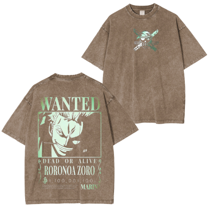 One Piece Shirt -Zoro Wanted Anime Unisex Washed T-Shirt