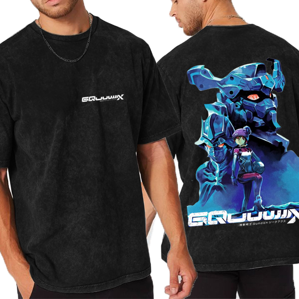 MS GUNDAM GQUUUUUUX Anime Double Printed Lightweight Acid Washed T-Shirt