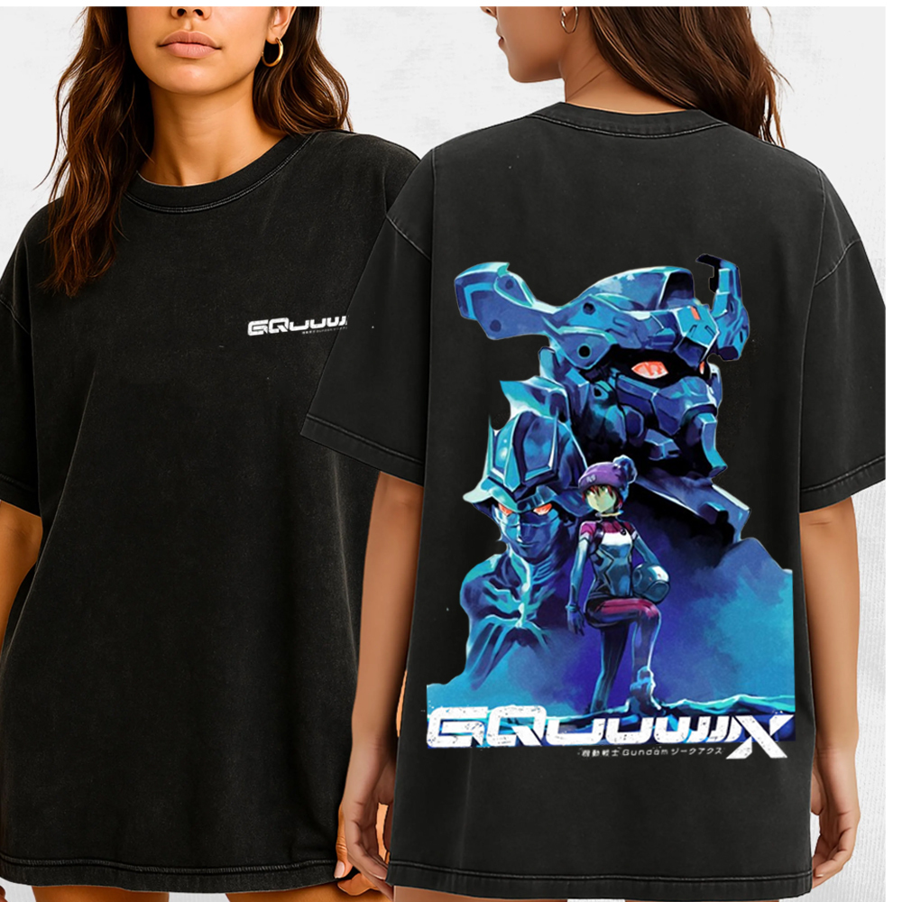 MS GUNDAM GQUUUUUUX Anime Double Printed Lightweight Acid Washed T-Shirt