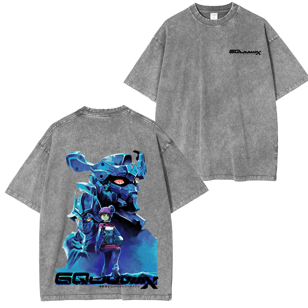 MS GUNDAM GQUUUUUUX Anime Double Printed Lightweight Acid Washed T-Shirt