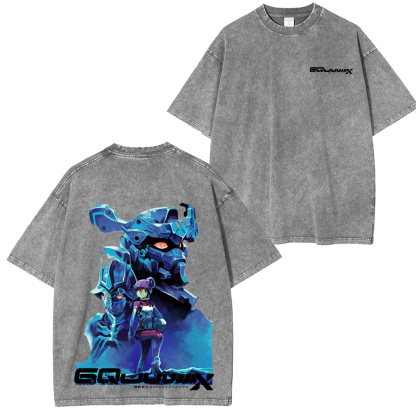 MS GUNDAM GQUUUUUUX Anime Double Printed Lightweight Acid Washed T-Shirt