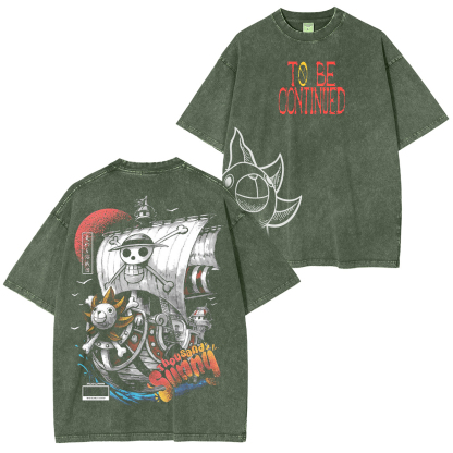 Sail into style with the Sunny Pirate Ship One Piece Unisex Anime-Inspired Retro T-Shirt
