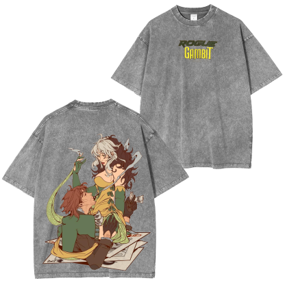 Marvel X-Men Gambit and Rogue Fantasy Pin Washed T-shirt