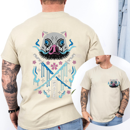 Fierce Warrior Boar Mask Dual-sword Graphic Tee