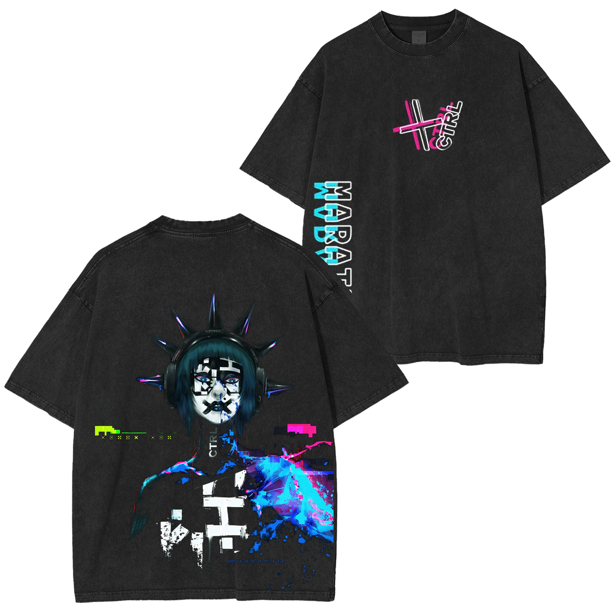 Vintage Neon Glitch Sci-Fi Streetwear Unisex  Washed T-Shirt