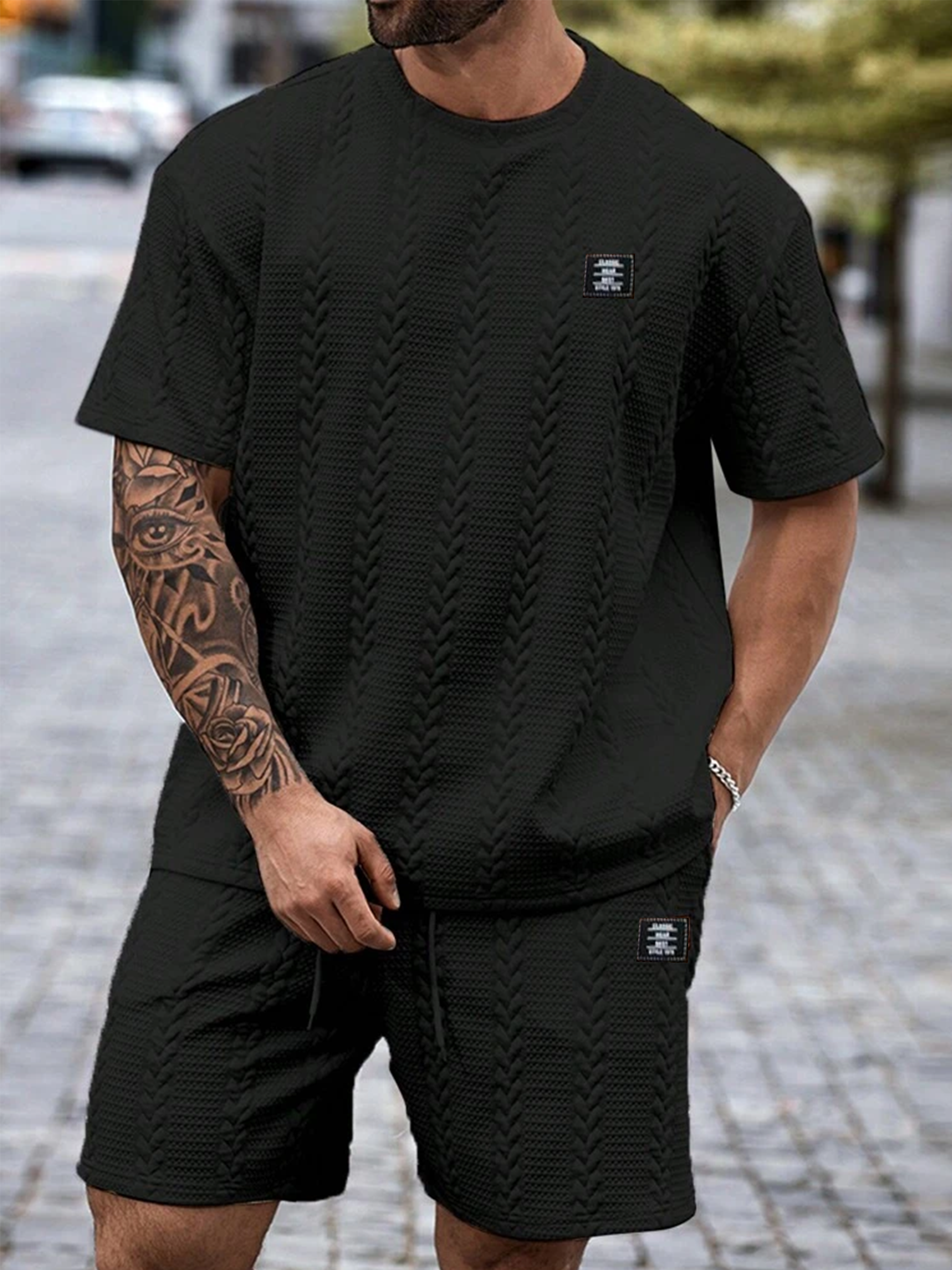 Conjunto de verano casual para hombre con jacquard de rayas de trigo y color liso