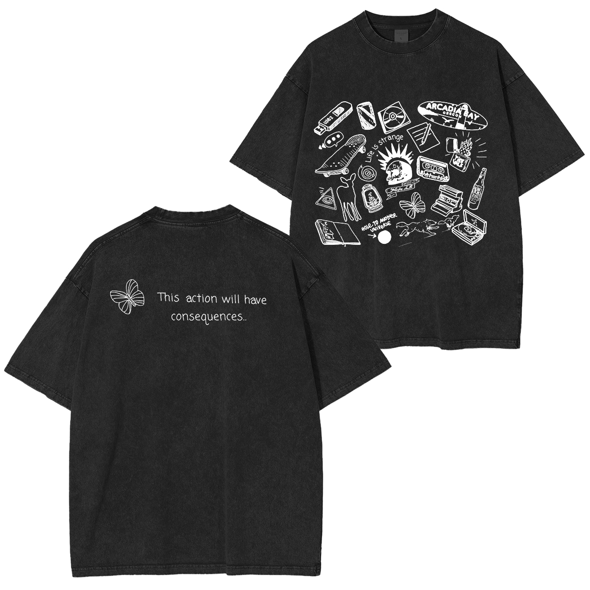 Life Is Strange Butterfly & Line Art Cotton Washed T-Shirt