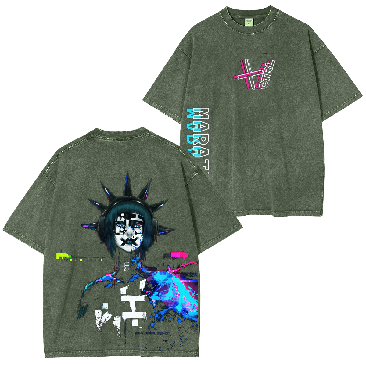 Vintage Neon Glitch Sci-Fi Streetwear Unisex  Washed T-Shirt
