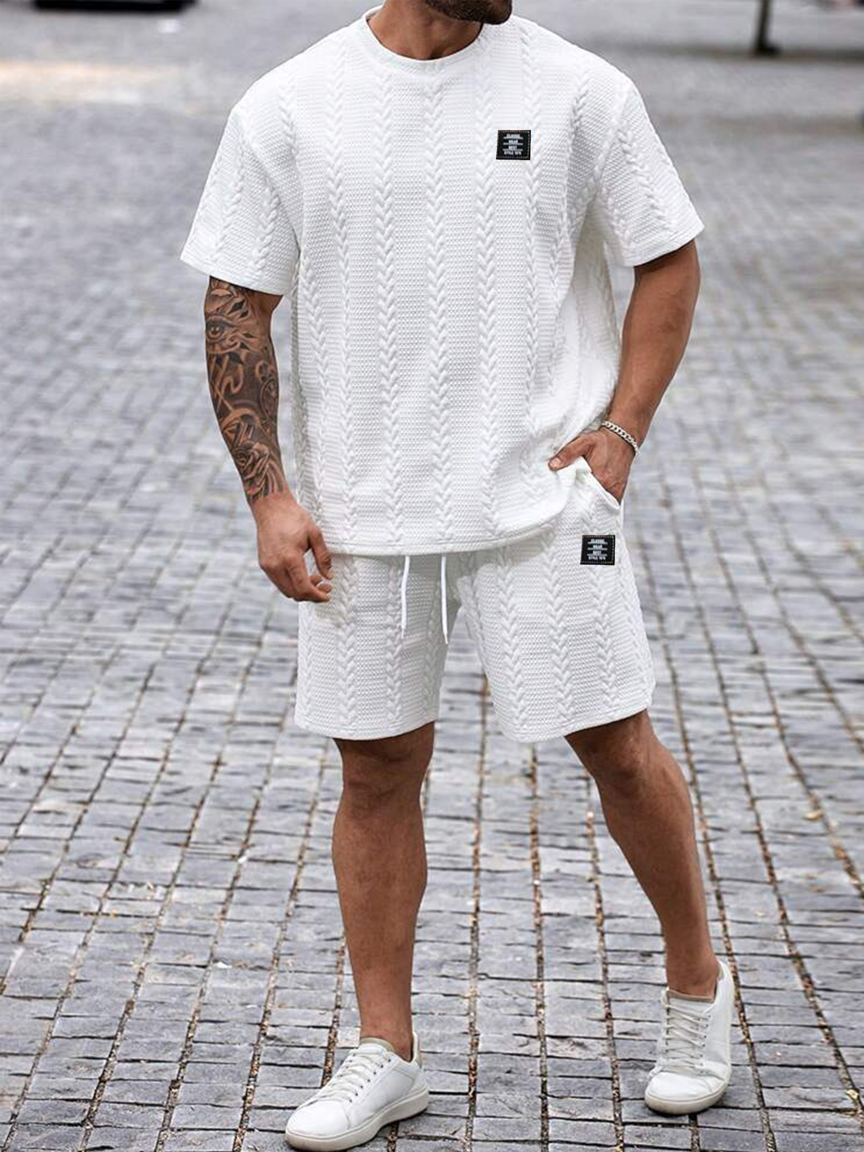 Conjunto de verano casual para hombre con jacquard de rayas de trigo y color liso