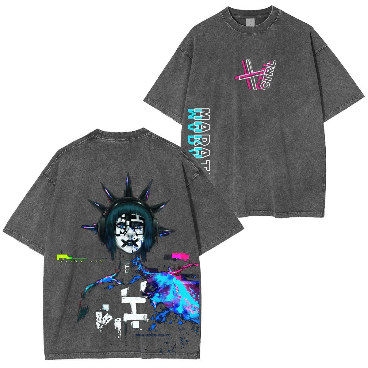 Vintage Neon Glitch Sci-Fi Streetwear Unisex  Washed T-Shirt