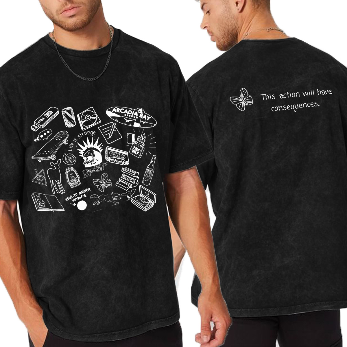 Life Is Strange Butterfly & Line Art Cotton Washed T-Shirt