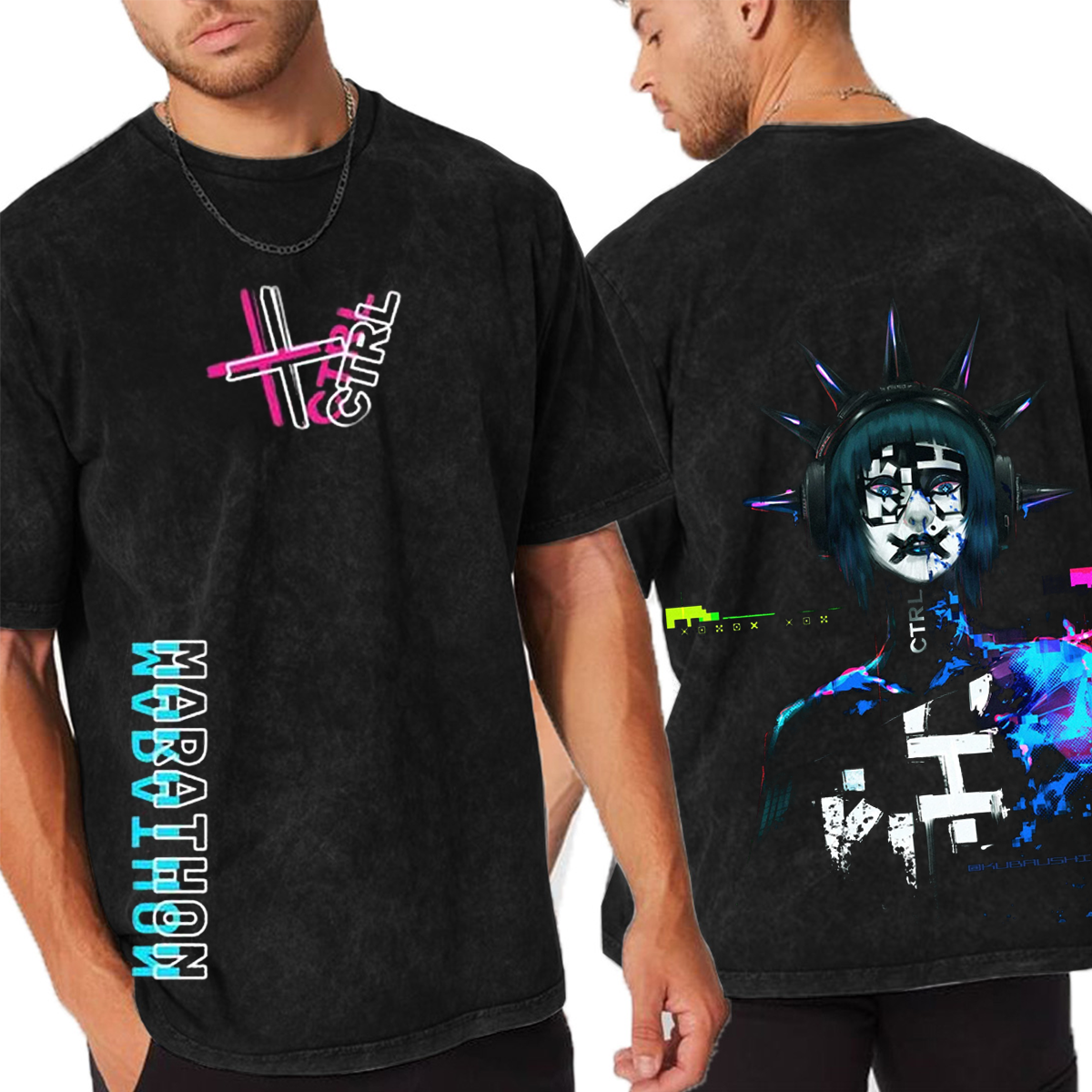 Vintage Neon Glitch Sci-Fi Streetwear Unisex  Washed T-Shirt