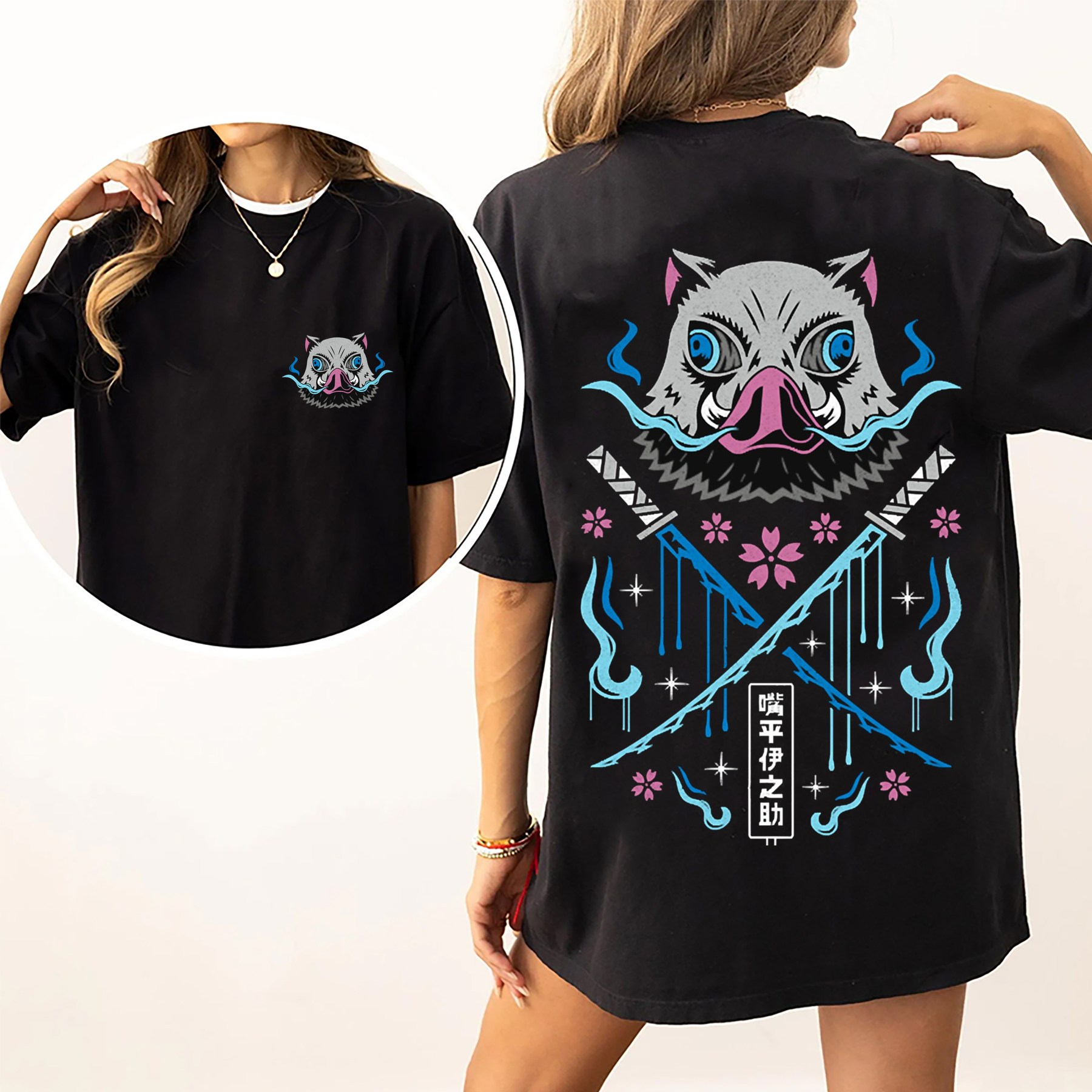 Fierce Warrior Boar Mask Dual-sword Graphic Tee