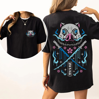 Fierce Warrior Boar Mask Dual-sword Graphic Tee