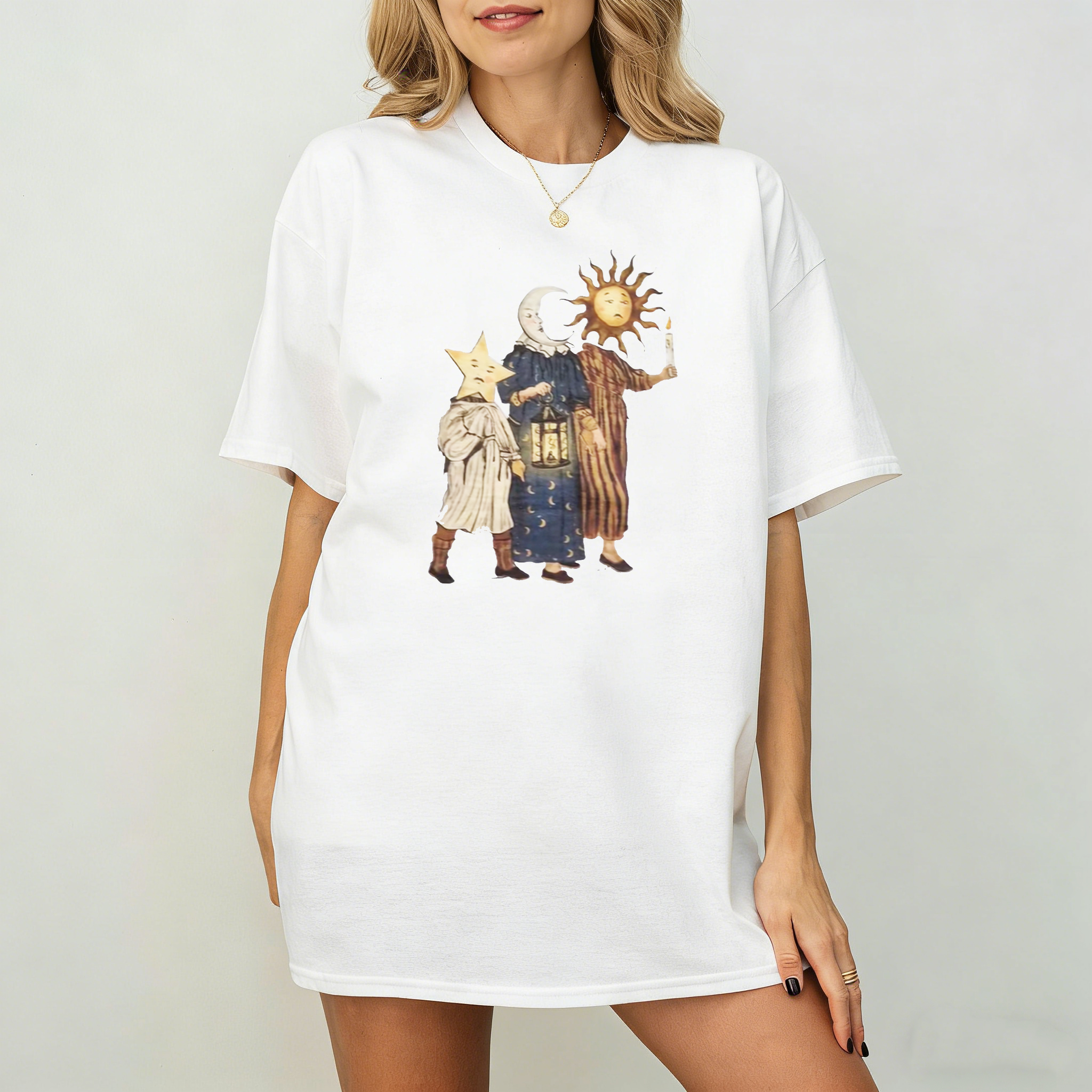 Vintage Sun Moon Star Whimsical Celestial Characters Oversize Unisex Shirts/Crewneck/Hoodie