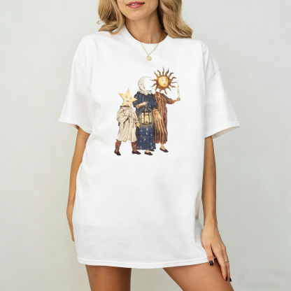 Vintage Sun Moon Star Whimsical Celestial Characters Oversize Unisex Shirts/Crewneck/Hoodie