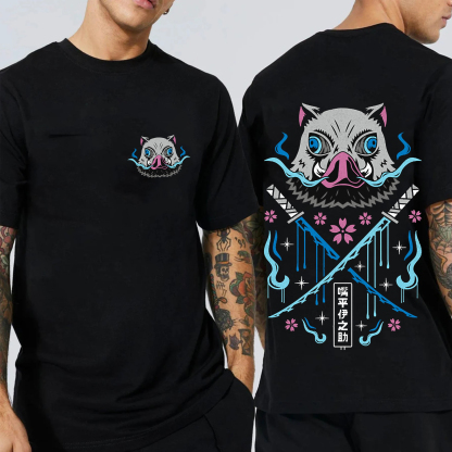 Fierce Warrior Boar Mask Dual-sword Graphic Tee
