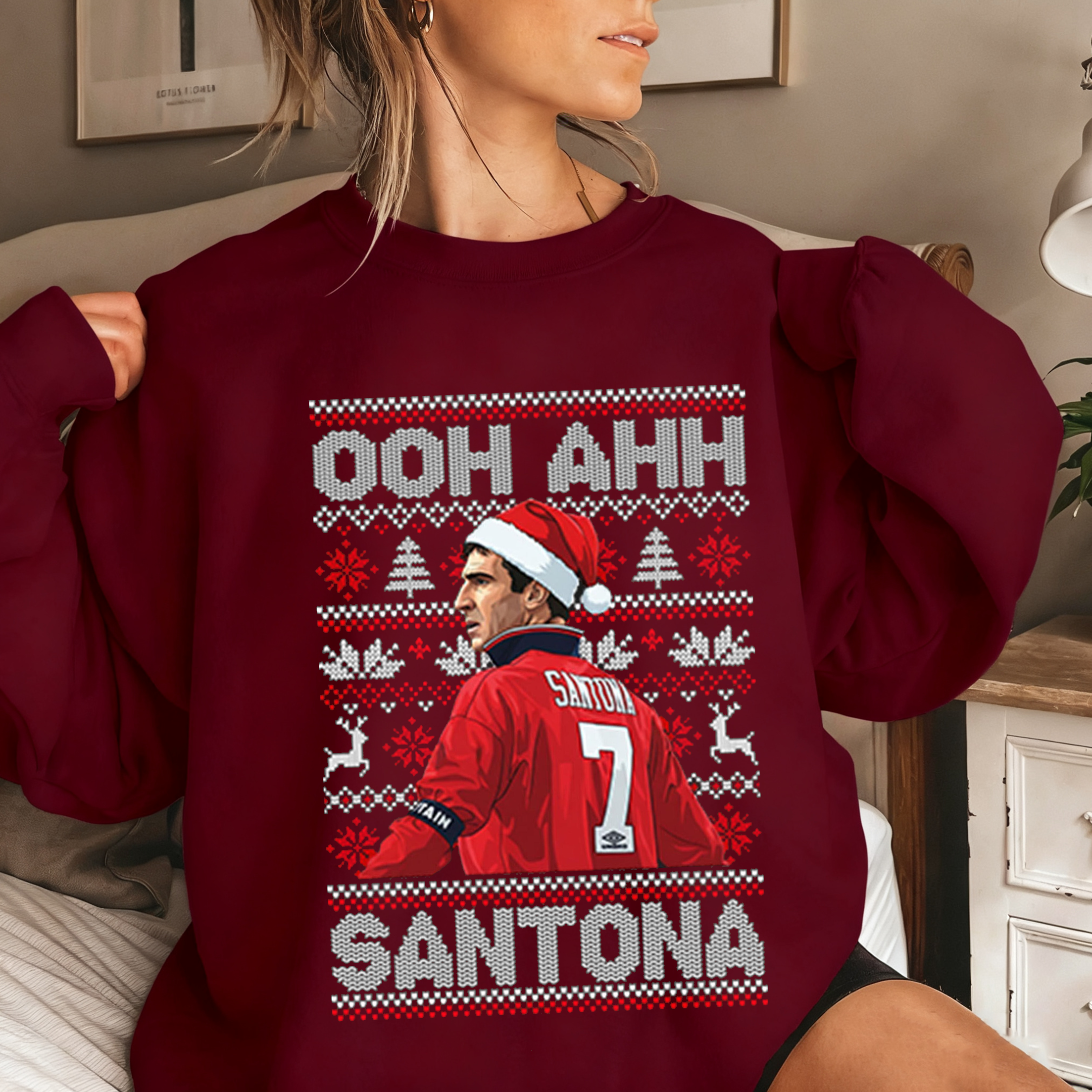 Cantona Christmas Jumper Ooh Ahh Santona, Funny Football Xmas Unisex T-shirt/Crewneck/Hoodie