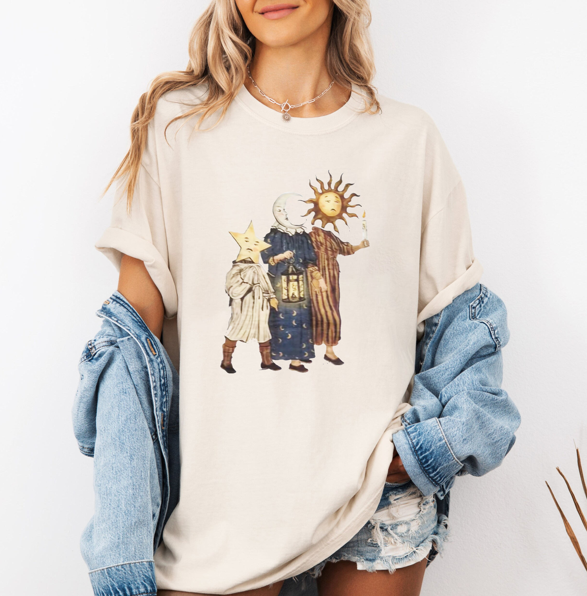 Vintage Sun Moon Star Whimsical Celestial Characters Oversize Unisex Shirts/Crewneck/Hoodie