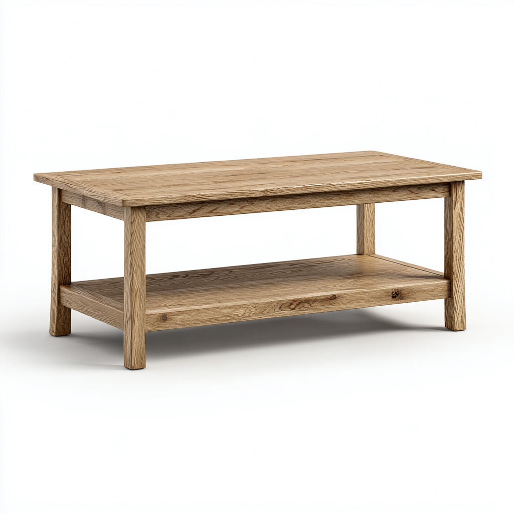 Mesa de centro madera maciza 113x57x45 cm - roble natural - estilo rústico con repisa inferior para salón-Miviahanest